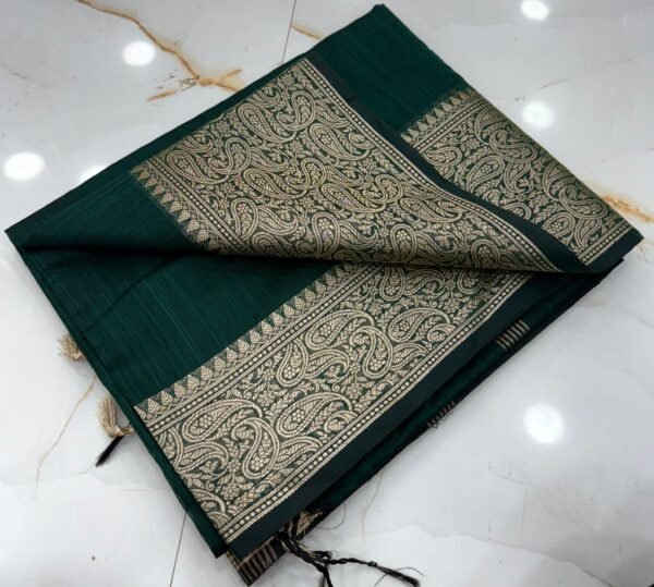 Elegant Traditional Festive Bottle Green Slub Silk Handcrafted Saree with Antique Gold Paisley Woven Border & Pallu –  with Blouse Piece for Ethnic Wear online India
