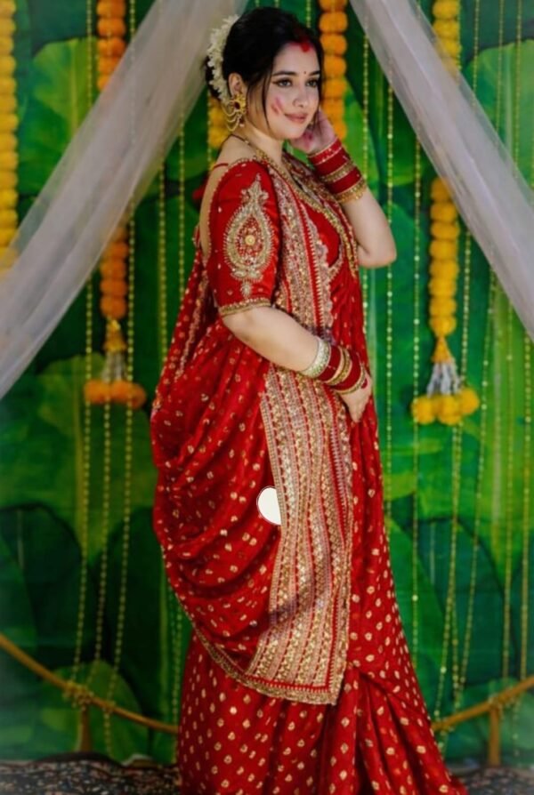 Traditional  Bridal Red Khadi Handcrafted Designer Saree with Gold Buti & Heavy Traditional Border