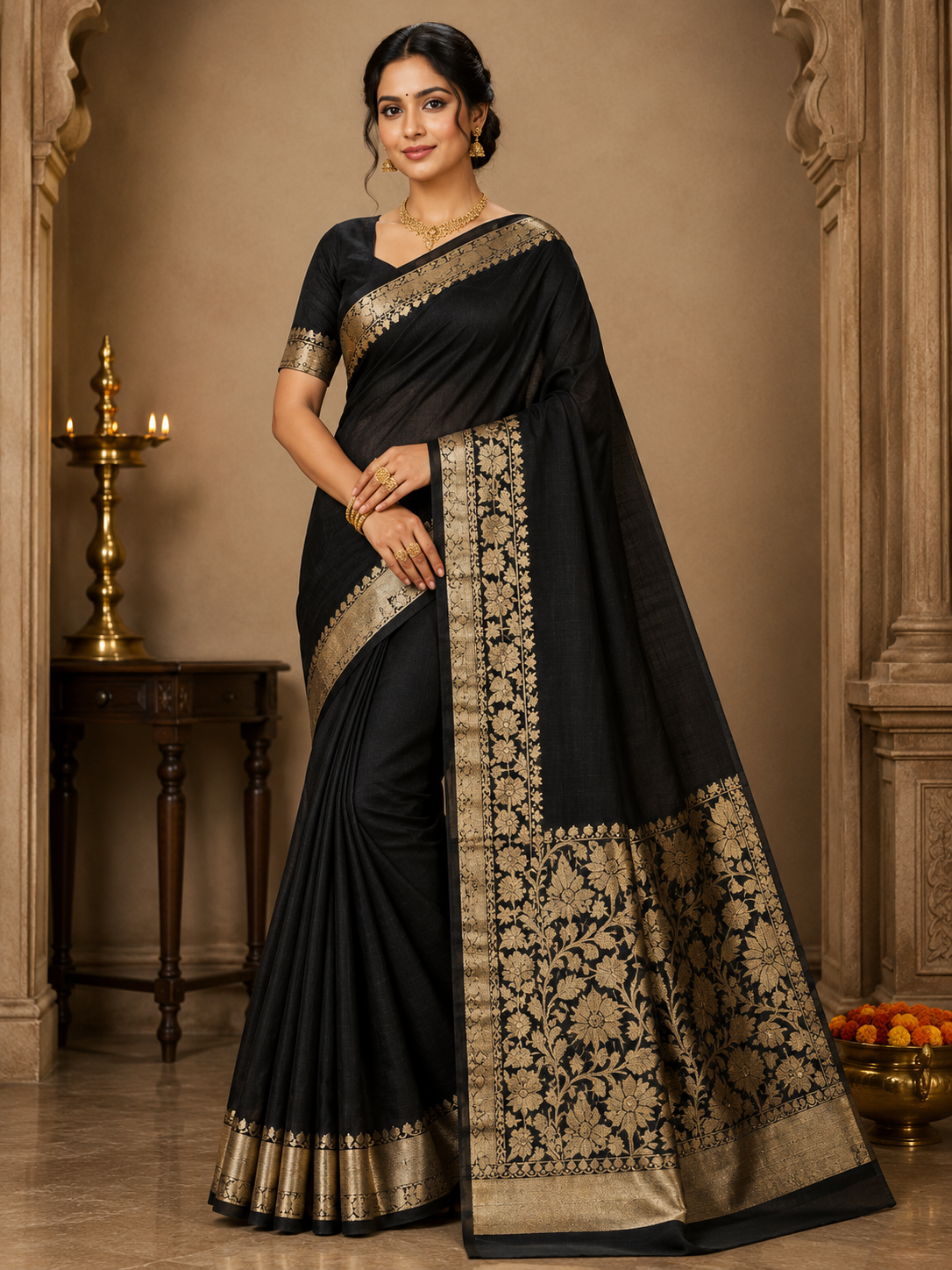 Handcrafted Luxury Black Pure Resham Muga Silk Saree with Antique Gold Zari Woven Border & Blouse Piece
