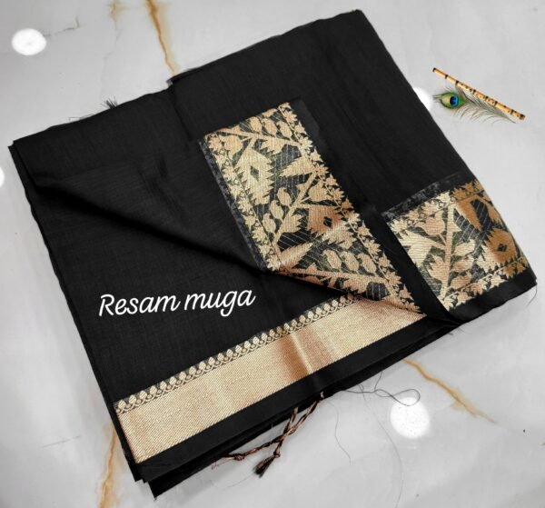 Handcrafted Luxury Black Pure Resham Muga Silk Saree with Antique Gold Zari Woven Border & Blouse Piece for Ethnic Wear online India