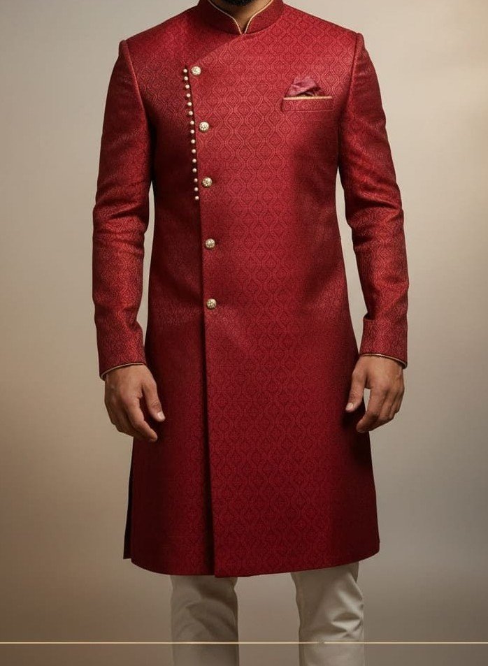 Elegant Royal Wine Indo-Western Sherwani in Pure Tussar Silk – Handcrafted Elegance