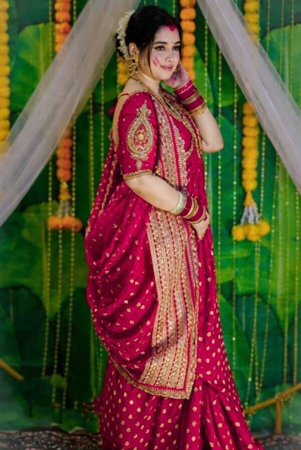 Traditional  Bridal Red Khadi Handcrafted Designer Saree with Gold Buti & Heavy Traditional Border for Ethnic Wear online India