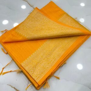 Elegant Traditional Festive Bottle Green Slub Silk Handcrafted Saree with Antique Gold Paisley Woven Border & Pallu –  with Blouse Piece for Ethnic Wear online India