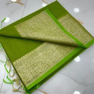 Elegant Traditional Festive Bottle Green Slub Silk Handcrafted Saree with Antique Gold Paisley Woven Border & Pallu –  with Blouse Piece for Ethnic Wear online India