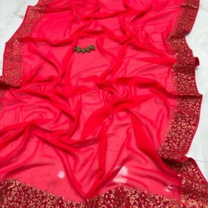 Vichitra Silk Party Wear Saree with Rose Gold Floral Embroidered Border & Blouse Piece for Ethnic Wear online India