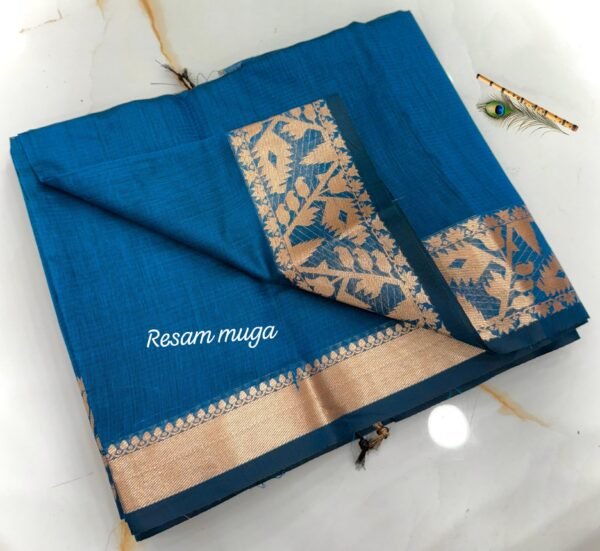 Handcrafted Luxury Black Pure Resham Muga Silk Saree with Antique Gold Zari Woven Border & Blouse Piece for Ethnic Wear online India