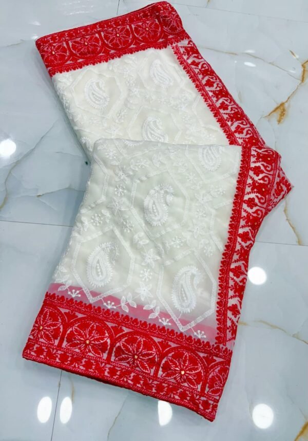 Exquisite Black & Red Handcrafted Pure Chiffon Lucknowi Chikankari Saree with Blouse Piece for Ethnic Wear online India