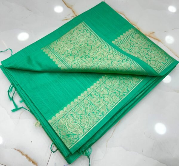 Elegant Traditional Festive Bottle Green Slub Silk Handcrafted Saree with Antique Gold Paisley Woven Border & Pallu –  with Blouse Piece for Ethnic Wear online India