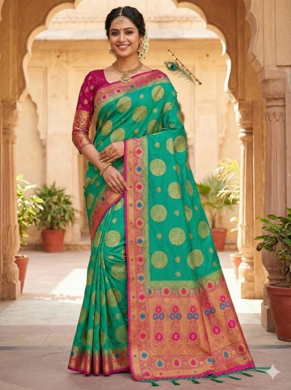 Handcrafted Wedding & Festive Wear Elegant Cream Bangalore Dola Silk Saree with Pink Contrast Border & Golden Zari Butti –  with Blouse Piece for Ethnic Wear online India