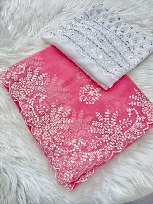 Stunning Silk Saree with Hand Embroidery & Pearl Handwork | Designer Embroidered Blouse Piece