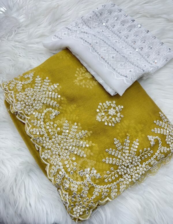 Stunning Silk Saree with Hand Embroidery & Pearl Handwork | Designer Embroidered Blouse Piece for Ethnic Wear online India