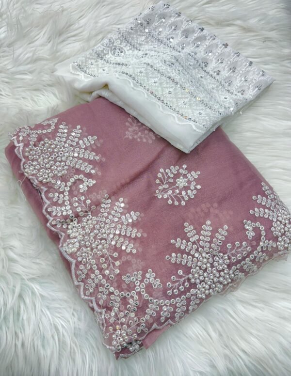 Stunning Silk Saree with Hand Embroidery & Pearl Handwork | Designer Embroidered Blouse Piece for Ethnic Wear online India