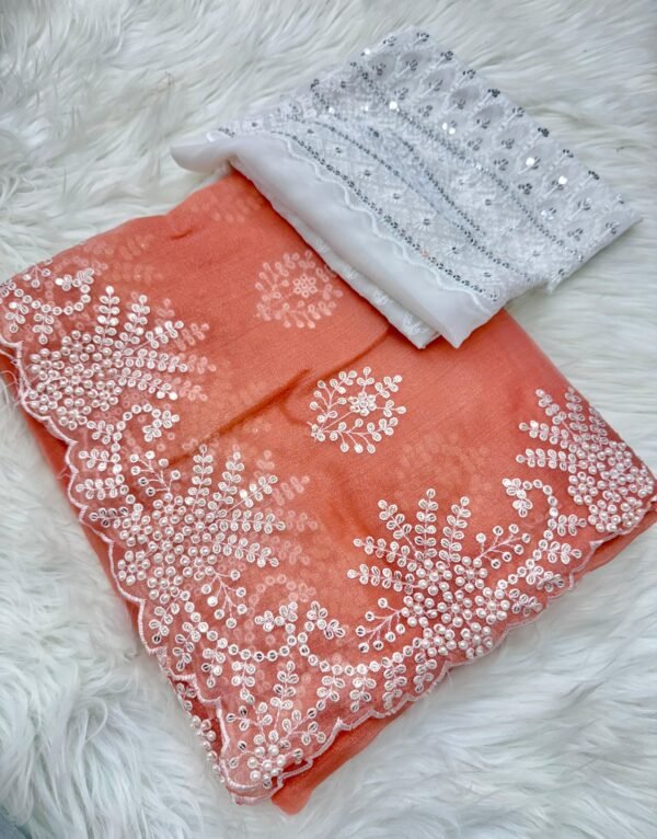 Stunning Silk Saree with Hand Embroidery & Pearl Handwork | Designer Embroidered Blouse Piece for Ethnic Wear online India