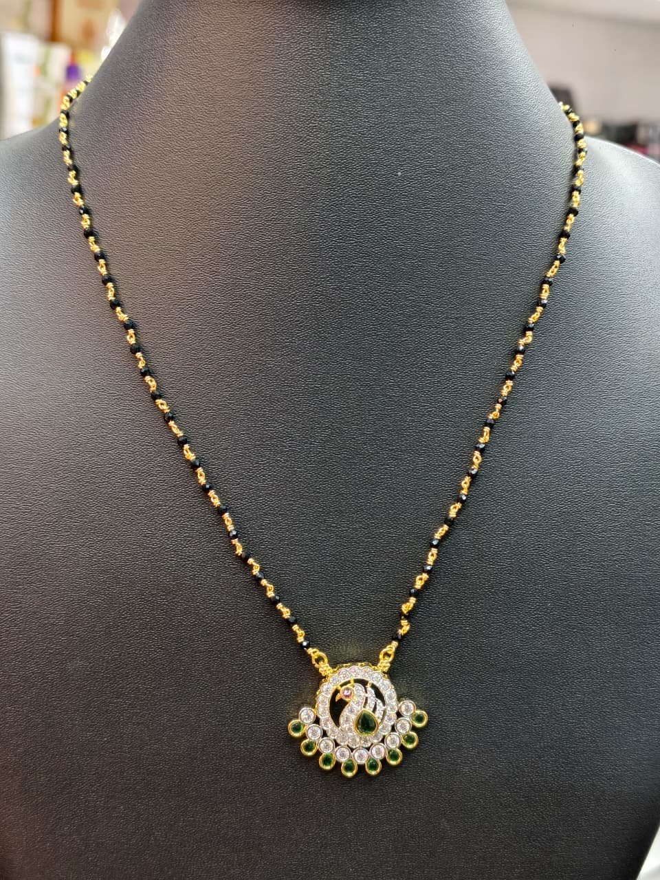 Black Beads GJ Polish Designer Mangal sutra Necklace with Stone Pendant 18" Inch