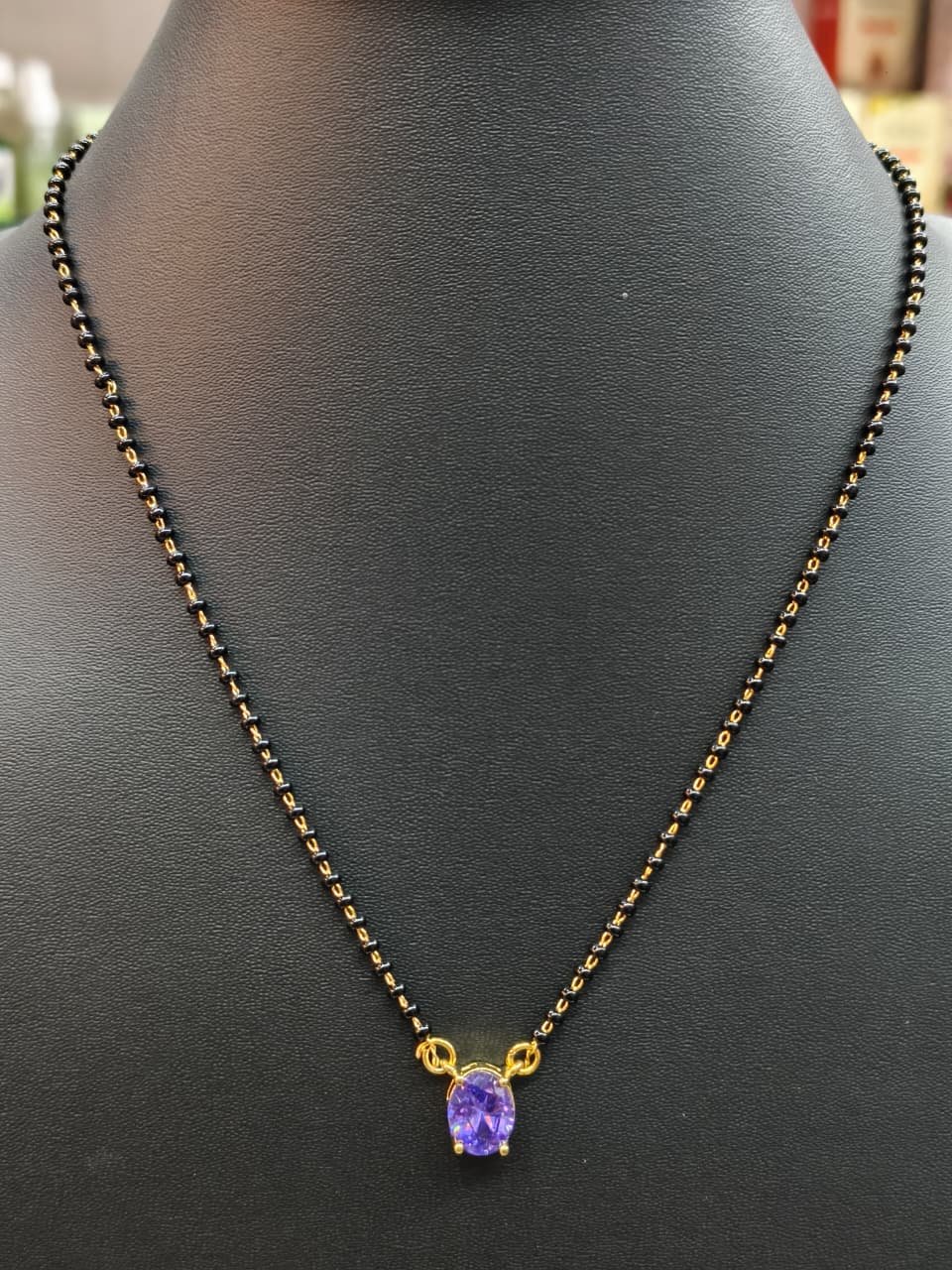 GJ Polish Black Beads Mangal sutra with Oval Purple Stone Pendant | Minimal Daily Wear Traditional Necklace for Women 18inch