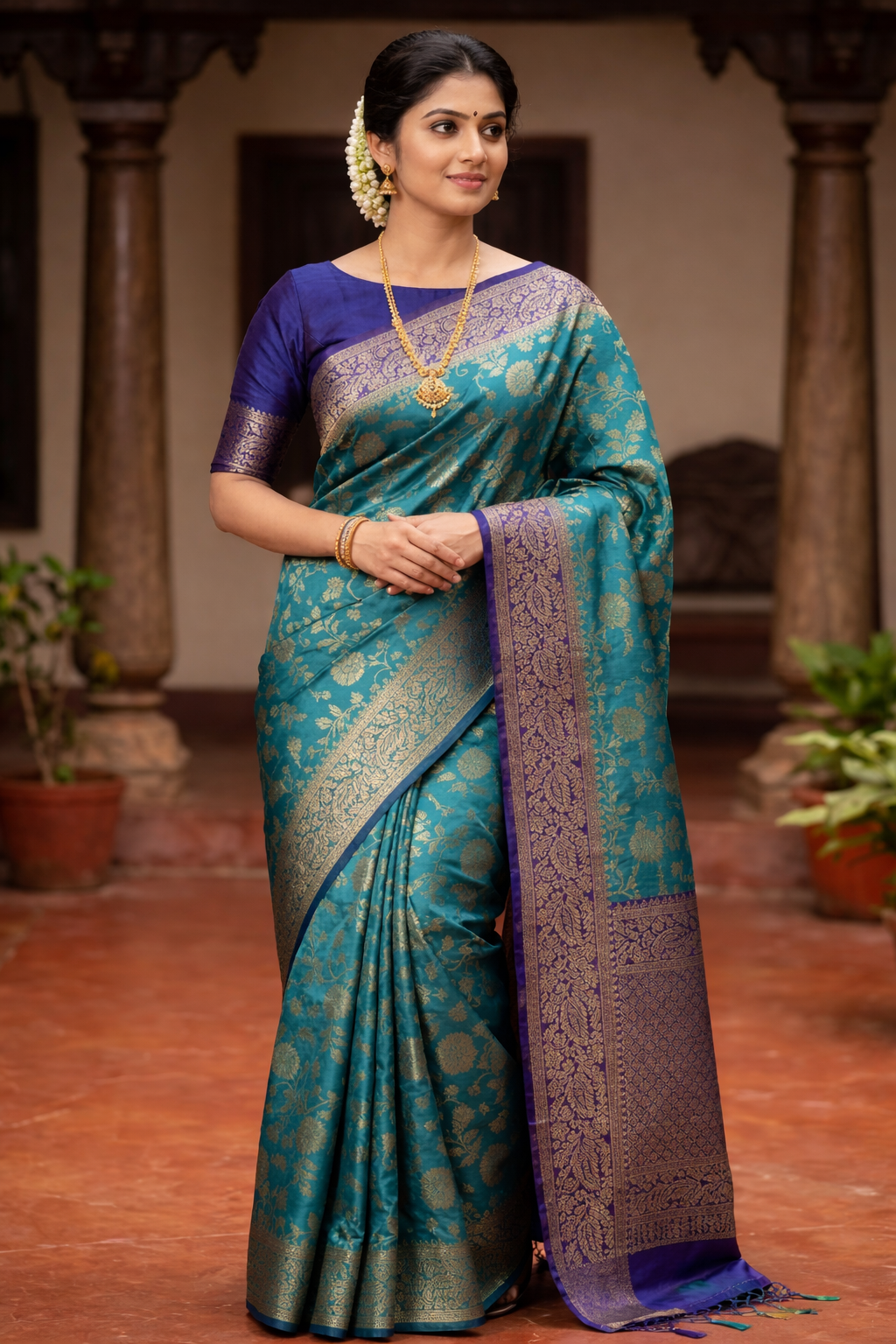 Premium Banarasi Style Silk Blend Saree with Rich Zari Border for Women