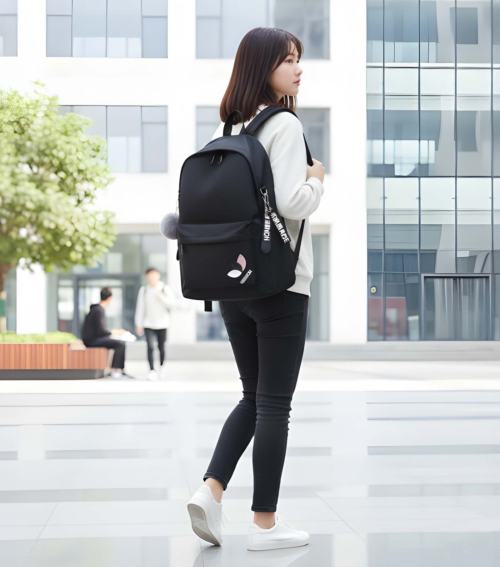 Trendy Women’s Black Backpack with Pink Accents | Lightweight PU Leather School & College Bag with Adjustable Straps, Front Pocket & Fur Charm for Bags online India