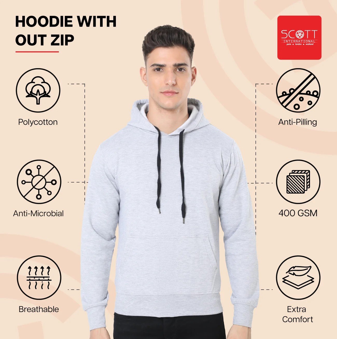 Grey Melange HOODIES WITHOUT ZIP 400 GSM for Top Wear online India