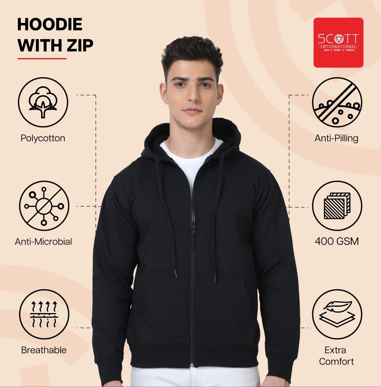 Elegant Black HOODIES WITH ZIP 400GSM