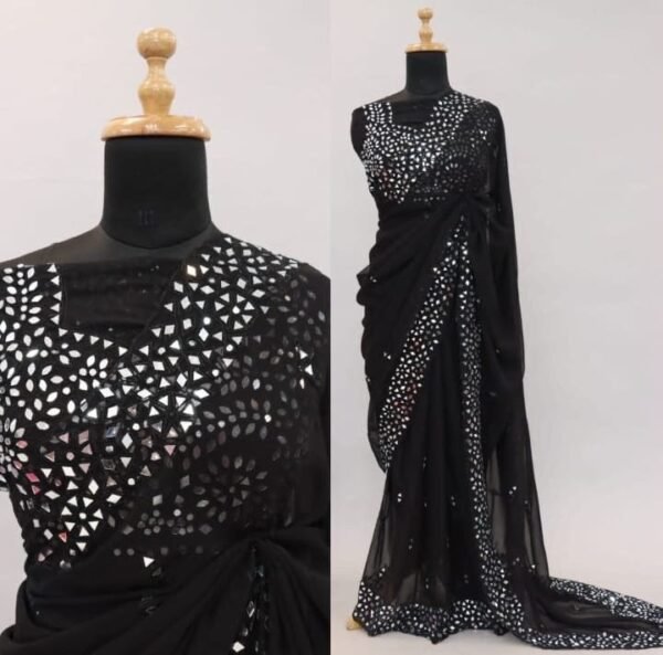 Elegant Black Pure Chiffon Handcrafted Stone Work Bridal Party Wear Saree with Designer Blouse Piece