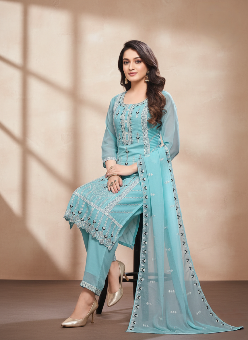 Women's Embroidery Work Straight Kurti Set (sky blue)