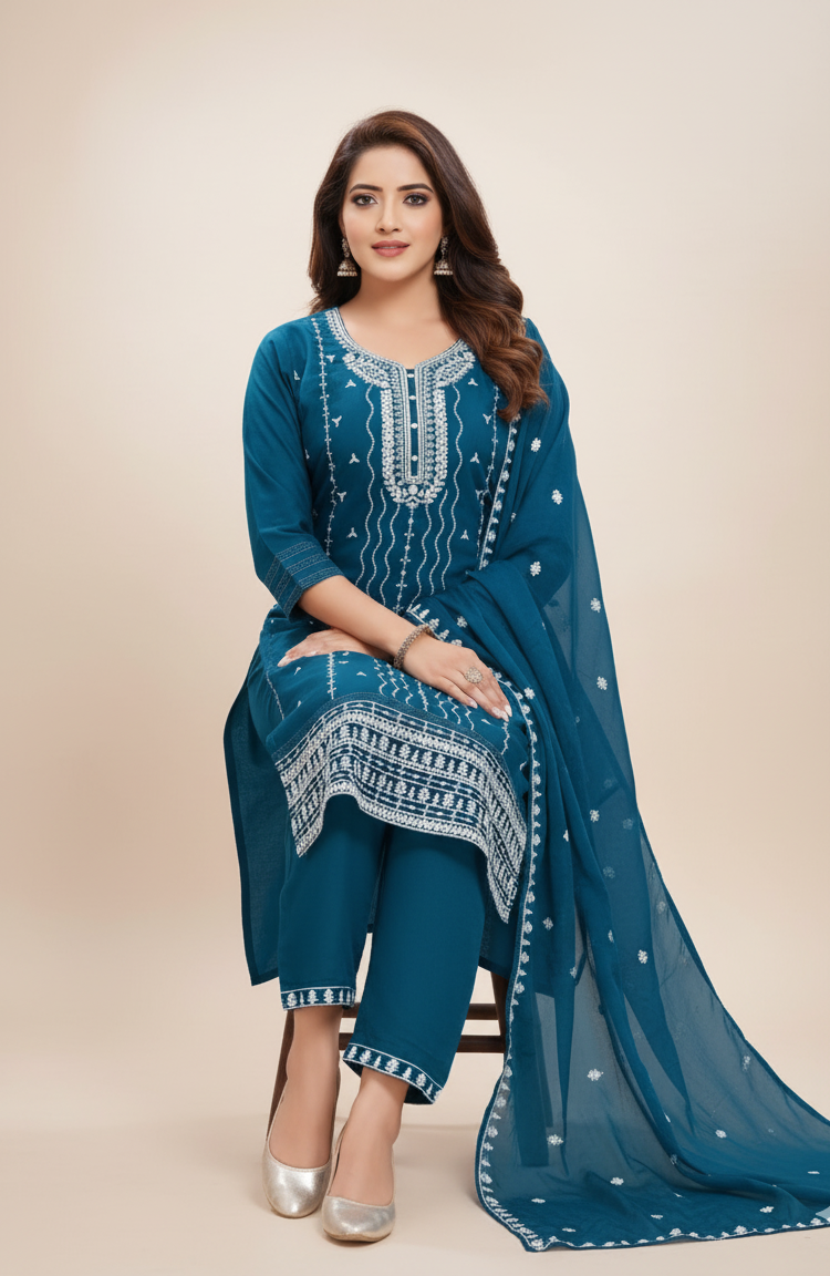 Women Embroidery Kurta Suit Set (Blue)