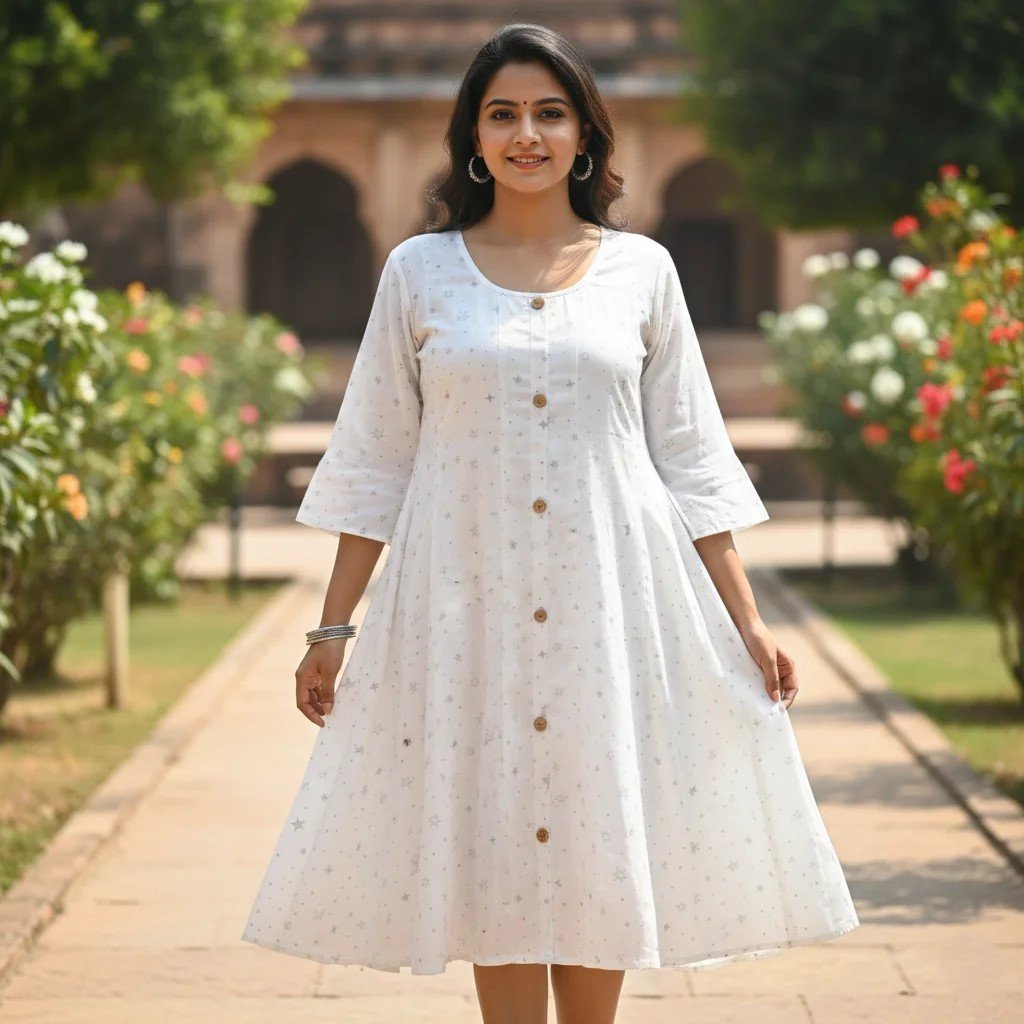 White Star-Printed A-Line Flared Kurti