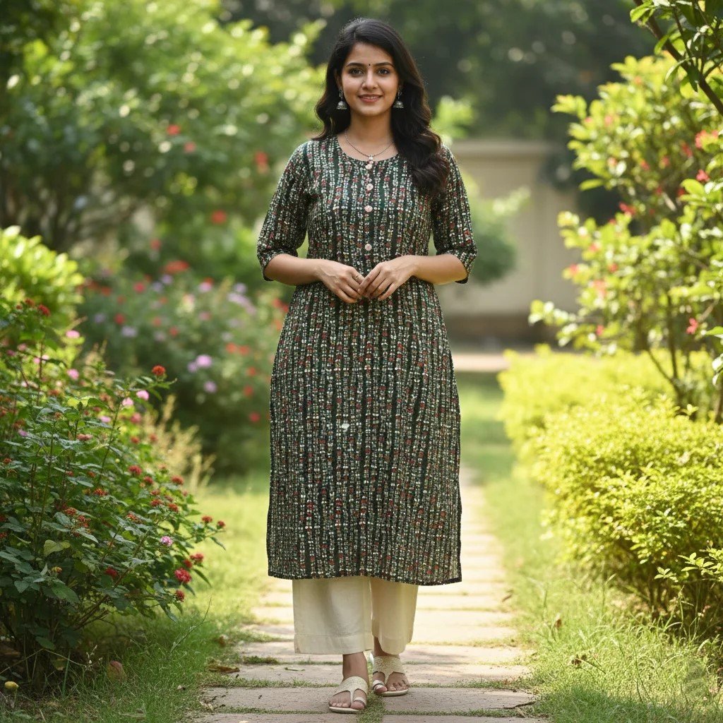 Women Printed Straight Kurti (Green)