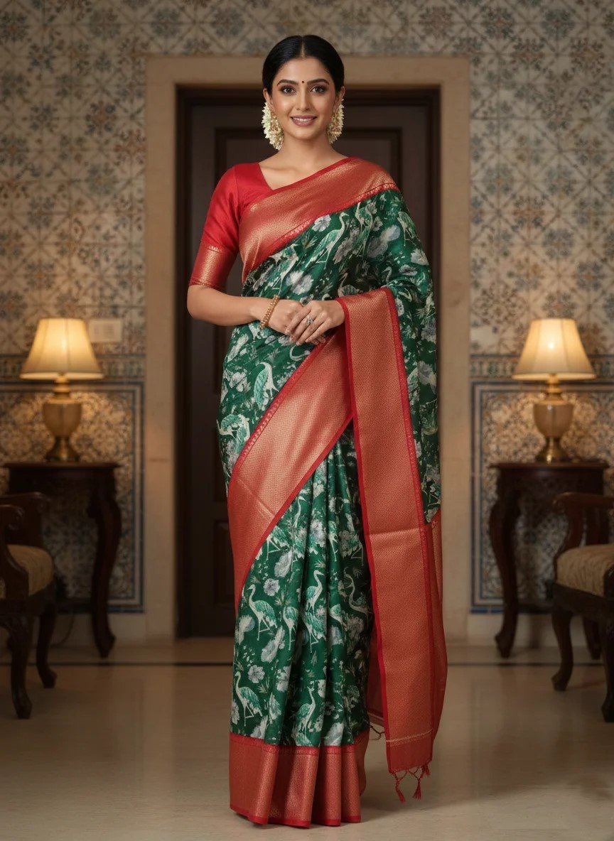 Traditional Printed green and red Banarasi silk blend saree