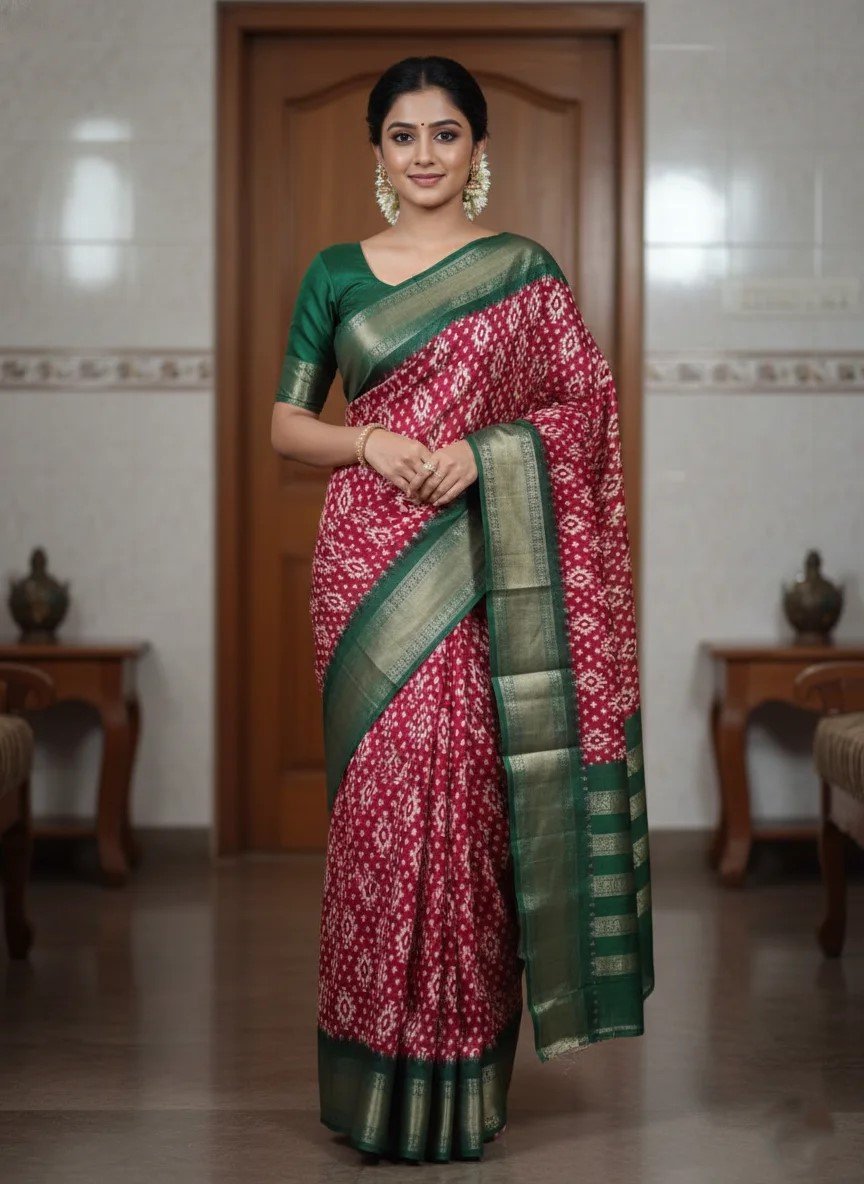 Red ikat woven saree with green & gold zari border online