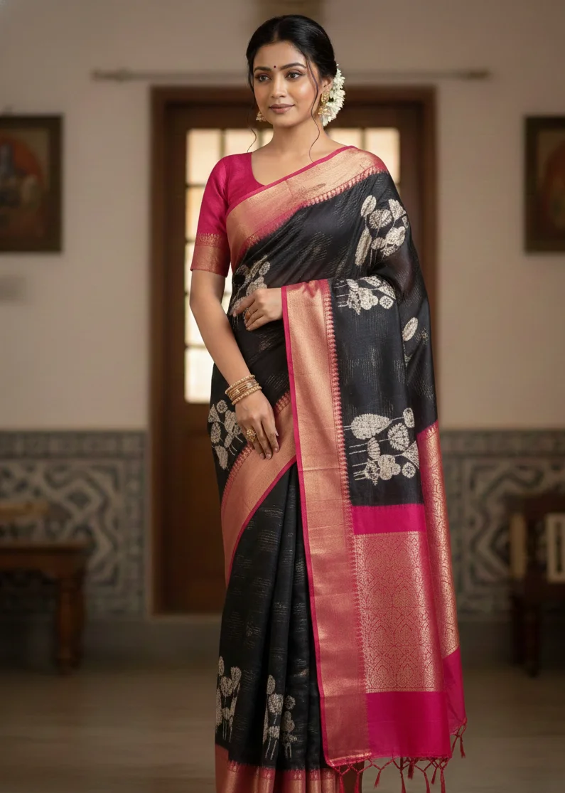 Black Zari Woven Silk Blend Saree with Pink Contrast Border
