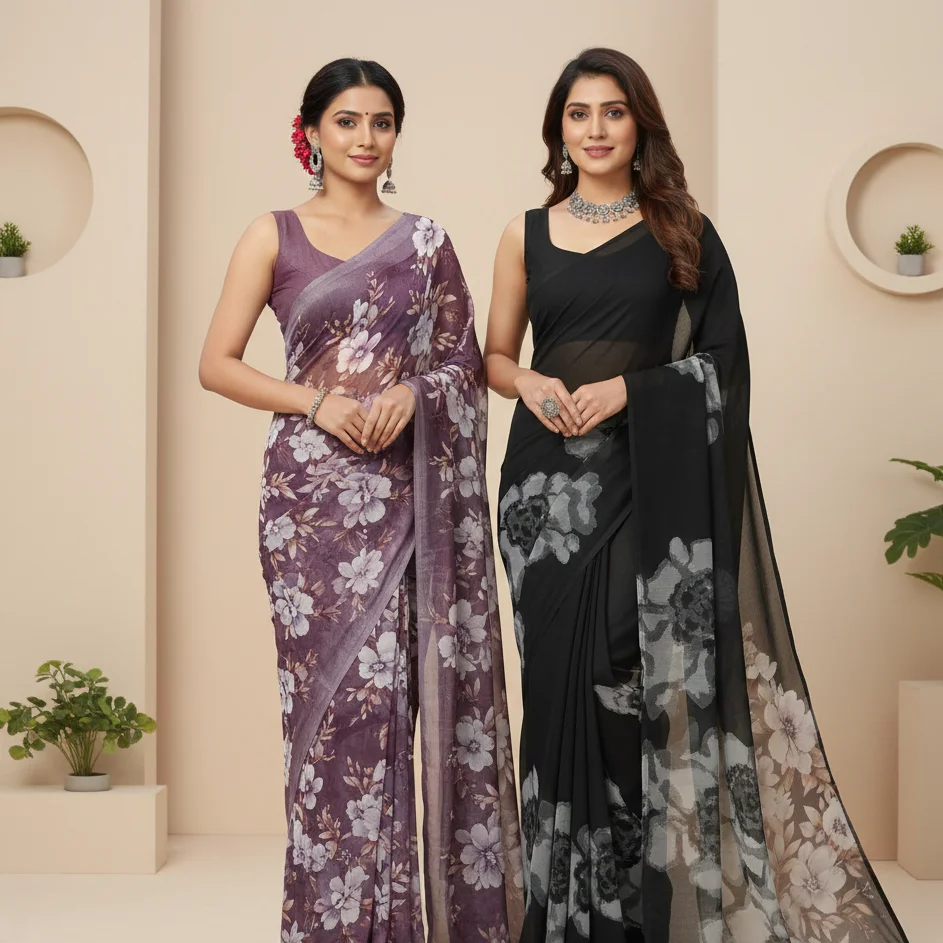Women’s Floral Printed Saree Combo – Purple & Black Soft Georgette