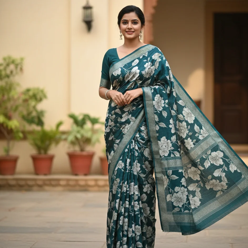 Women Teal Green Floral Printed Saree with Blouse Piece