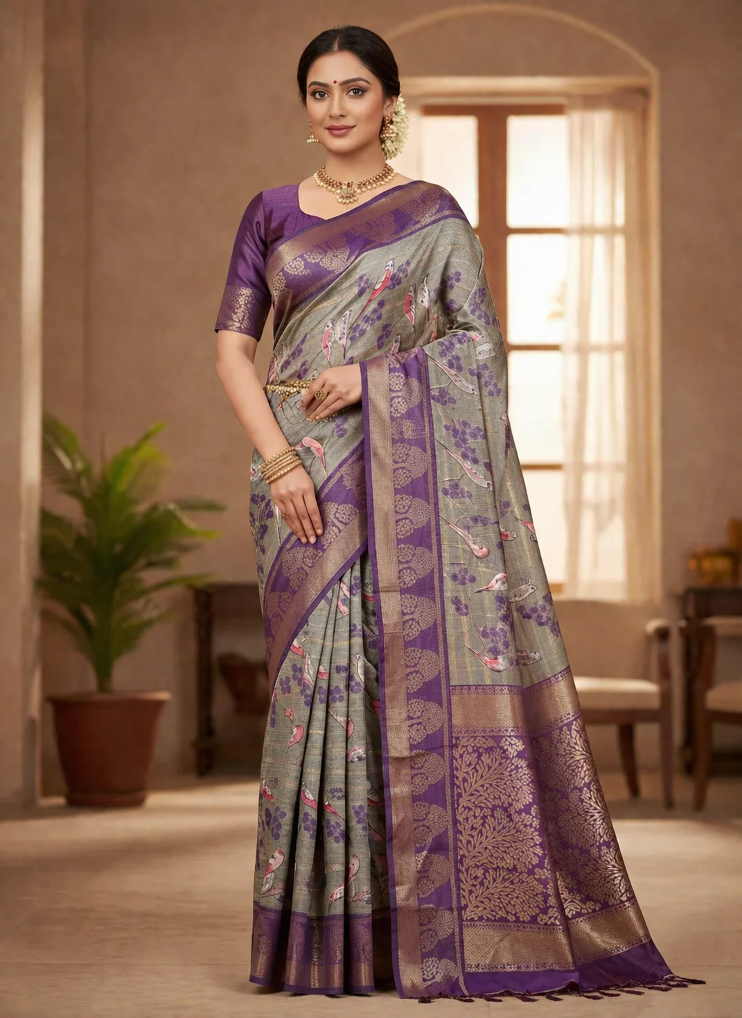 Grey–Purple Zari Woven Silk Blend Saree with Bird & Floral Motifs