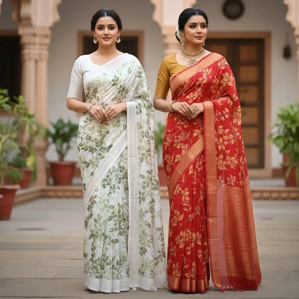 Elegant Leaf-Printed white and Red Sarees Combo (Pack of 2)