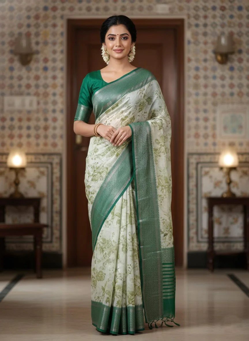 Elegant Floral Woven Soft Silk Saree(cream color with green border)