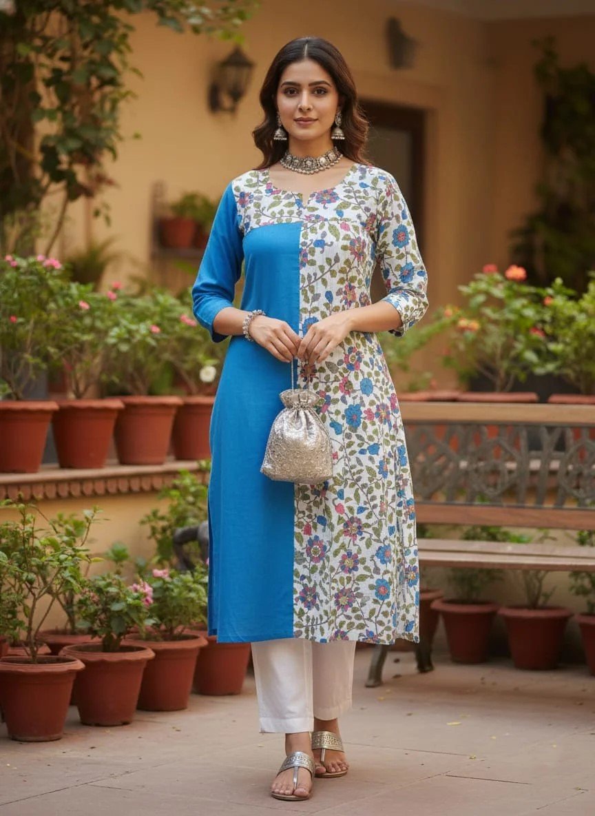 Blue & Floral Printed Straight Kurti