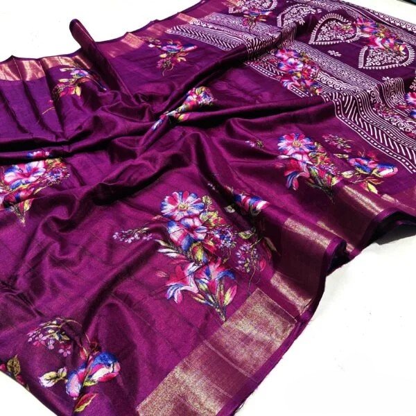 Deep Purple Handcrafted Bapta Silk Saree with Digital Floral Design for Ethnic Wear online India
