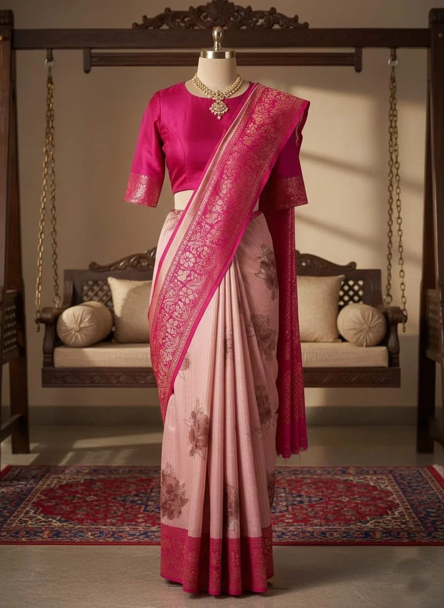 Women Pink Floral Banarasi Silk Saree