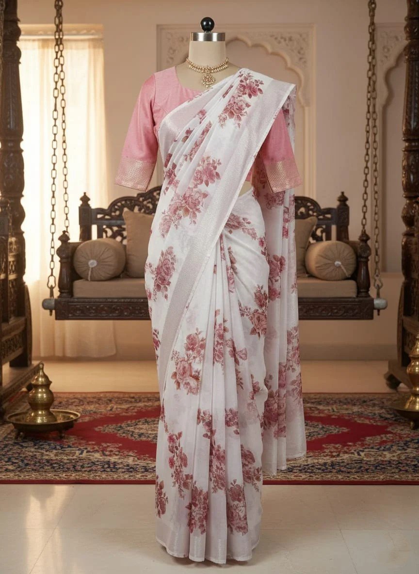 White Floral Organza Saree