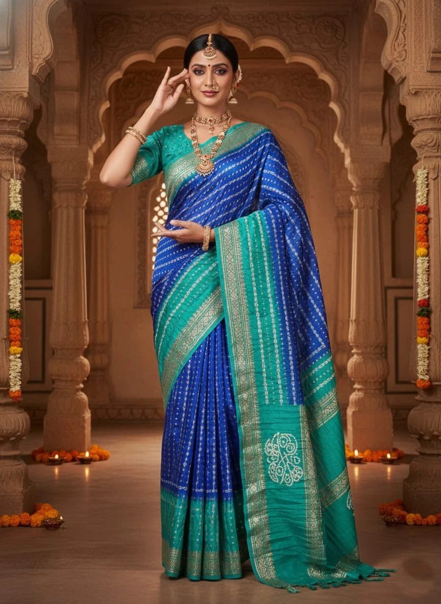 Traditional royal blue & green border bandhani banarasi silk saree