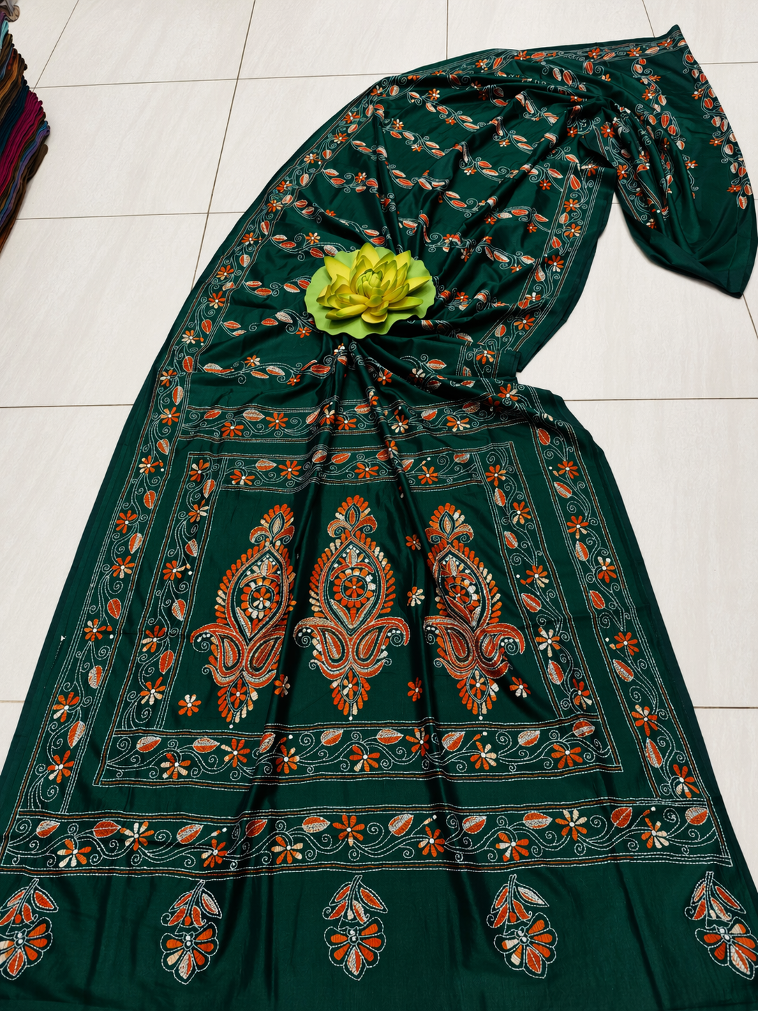 Assam Silk Saree with Vibrant Multicolor Kantha Hand Embroidery