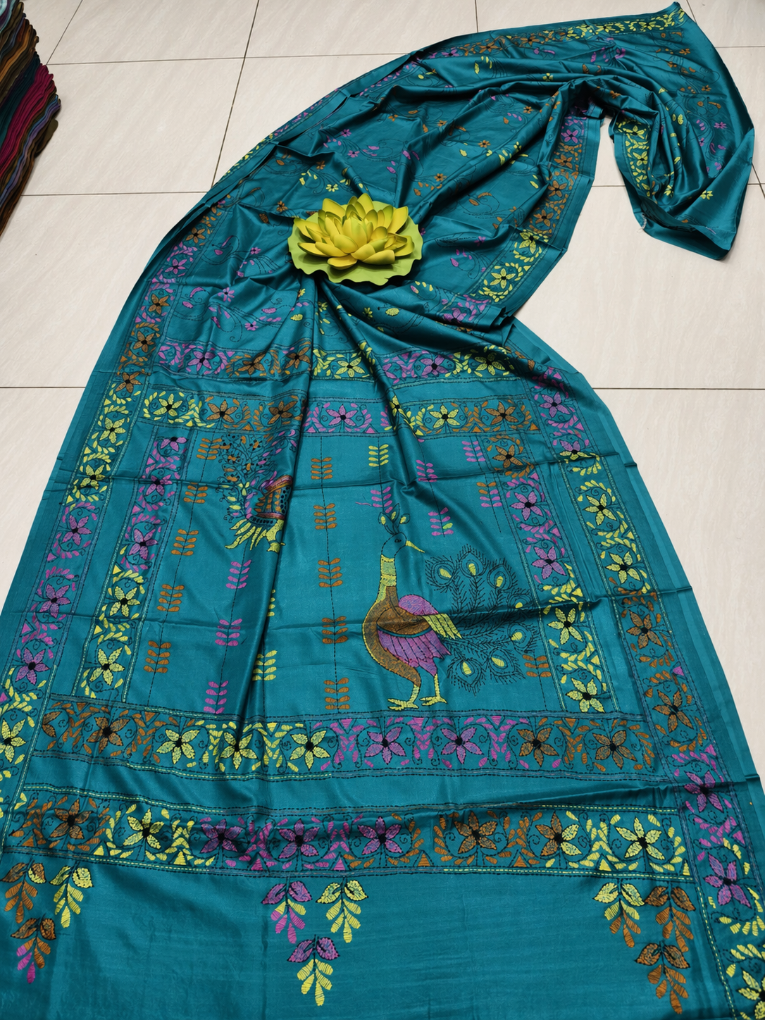 Assam Silk Saree with Vibrant Multicolor Kantha Hand Embroidery for Ethnic Wear online India