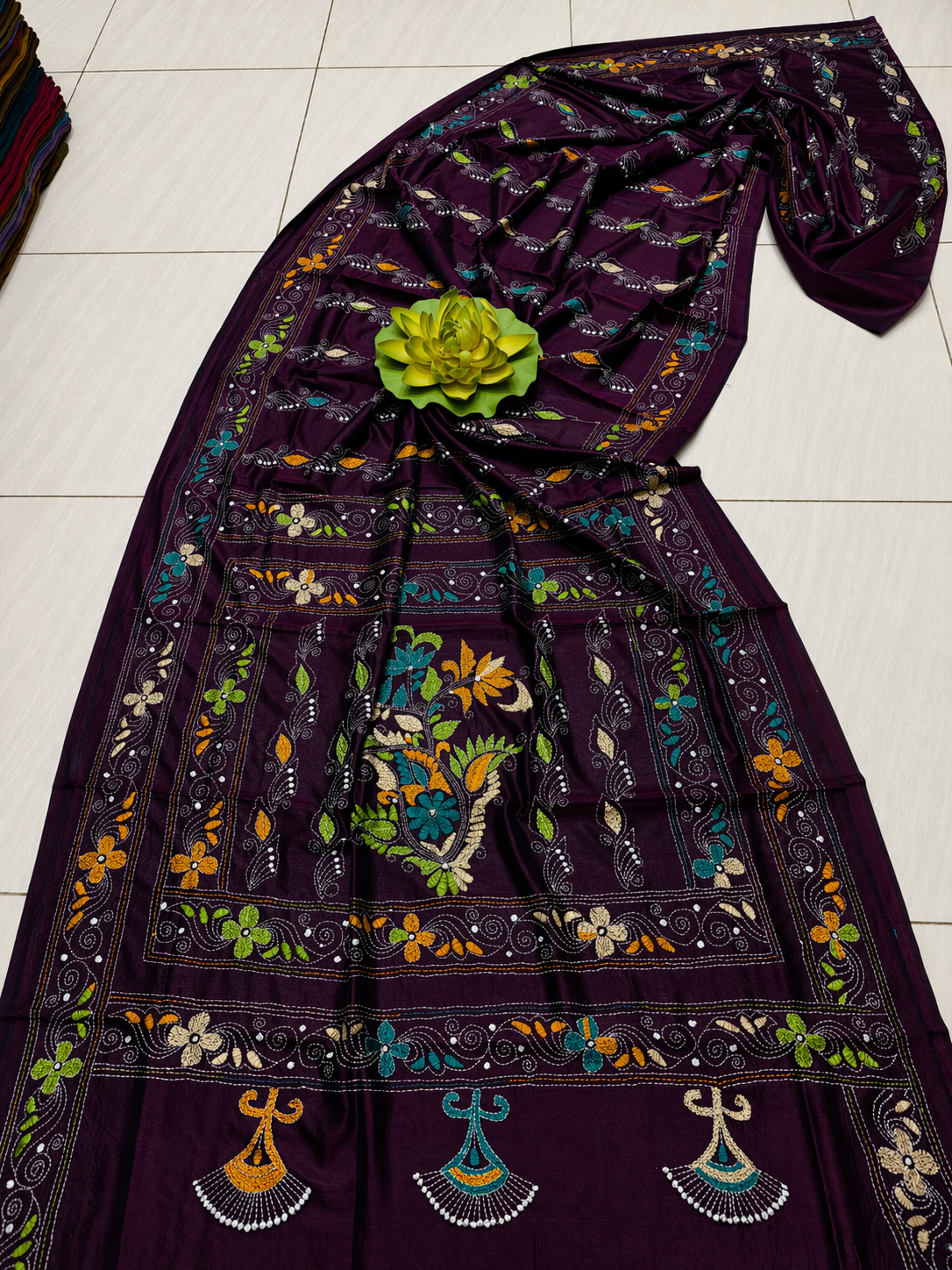 Assam Silk Saree with Vibrant Multicolor Kantha Hand Embroidery for Ethnic Wear online India