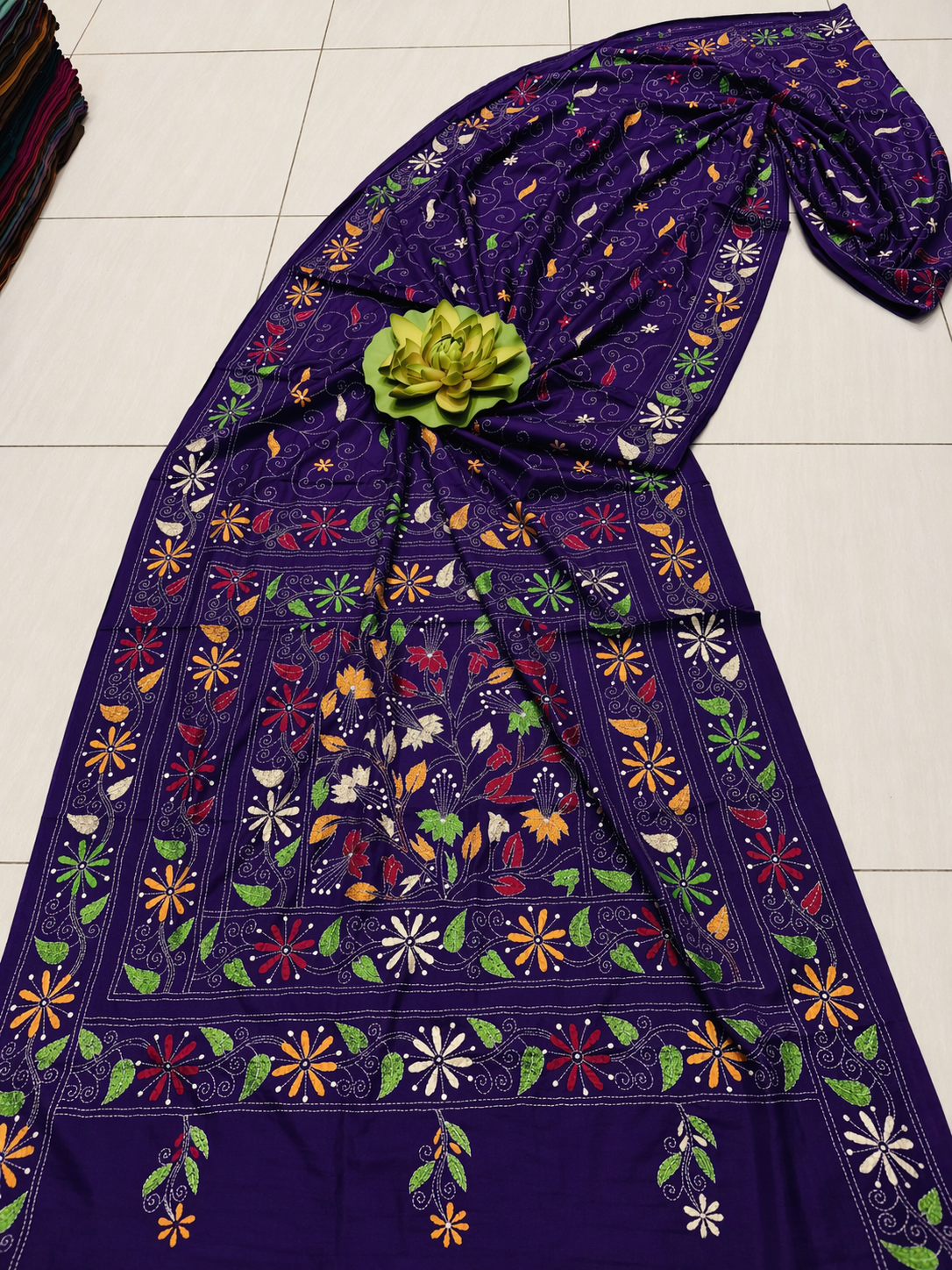 Assam Silk Saree with Vibrant Multicolor Kantha Hand Embroidery for Ethnic Wear online India