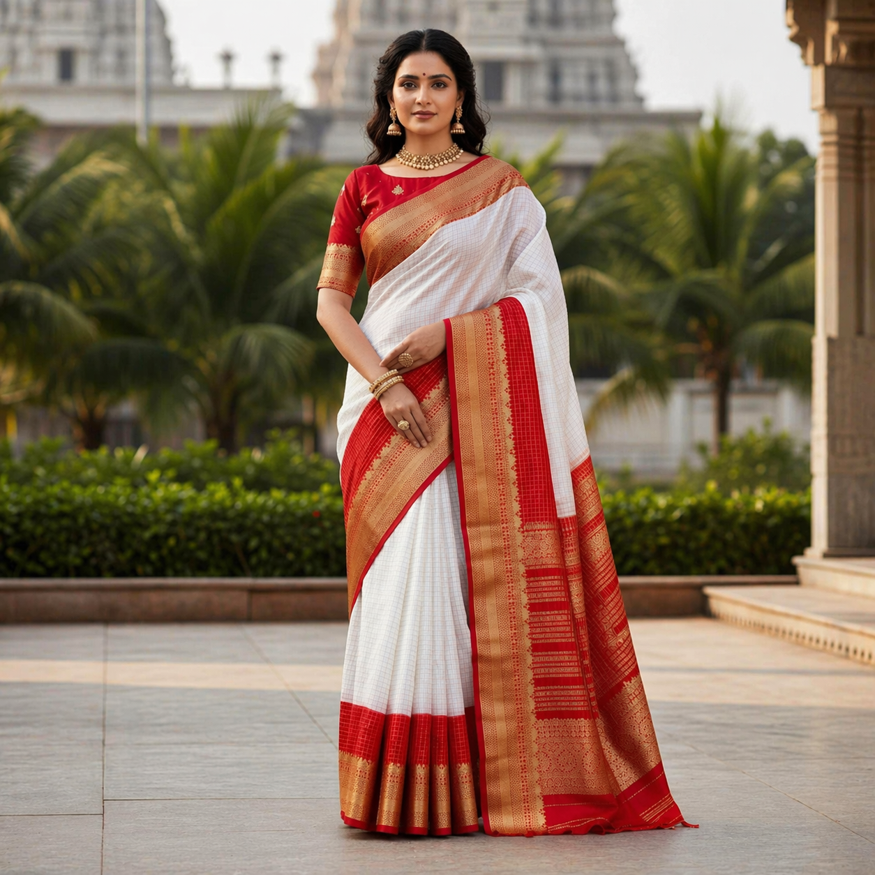 White and Red 2D Mysore Crepe Soft Silk Saree for Ethnic Wear online India