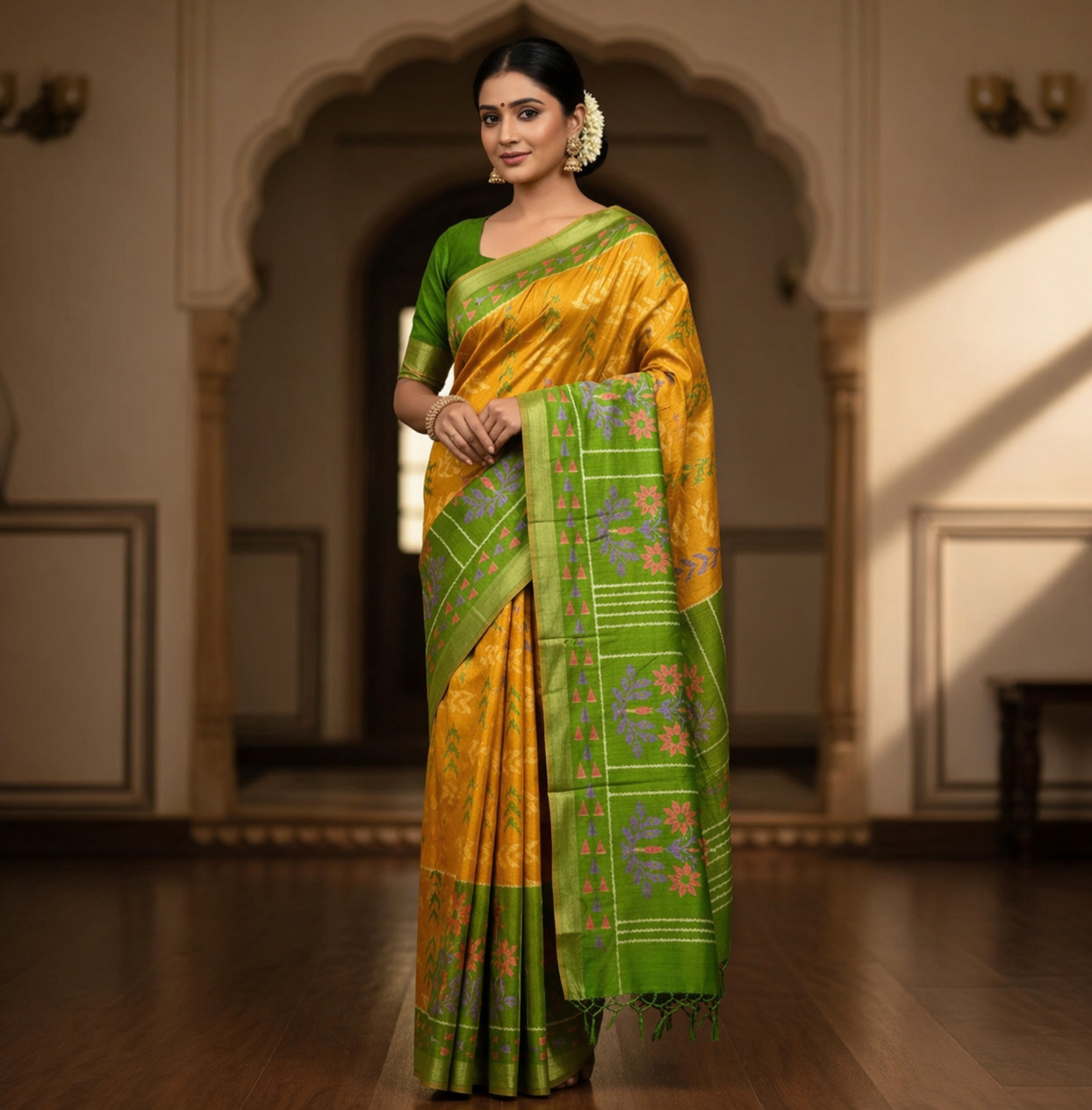 Ikkat SilkYellow Saree with Green Border