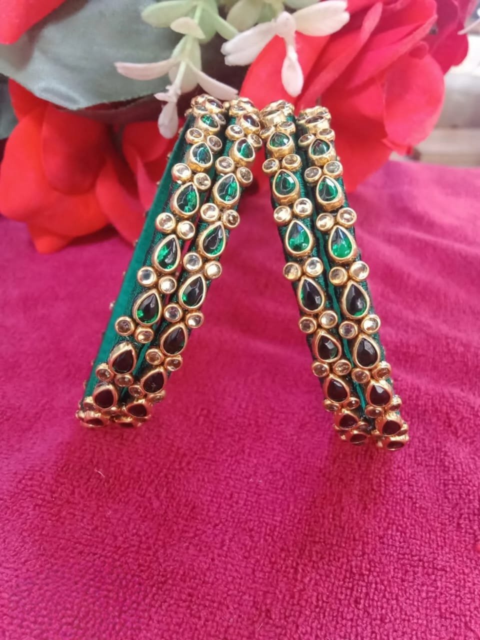 Silk Thread Rich Kundan Work With Metal Mix Heavy Designer Bangle Set/Wedding Chuda In Dark Pine Green Colors