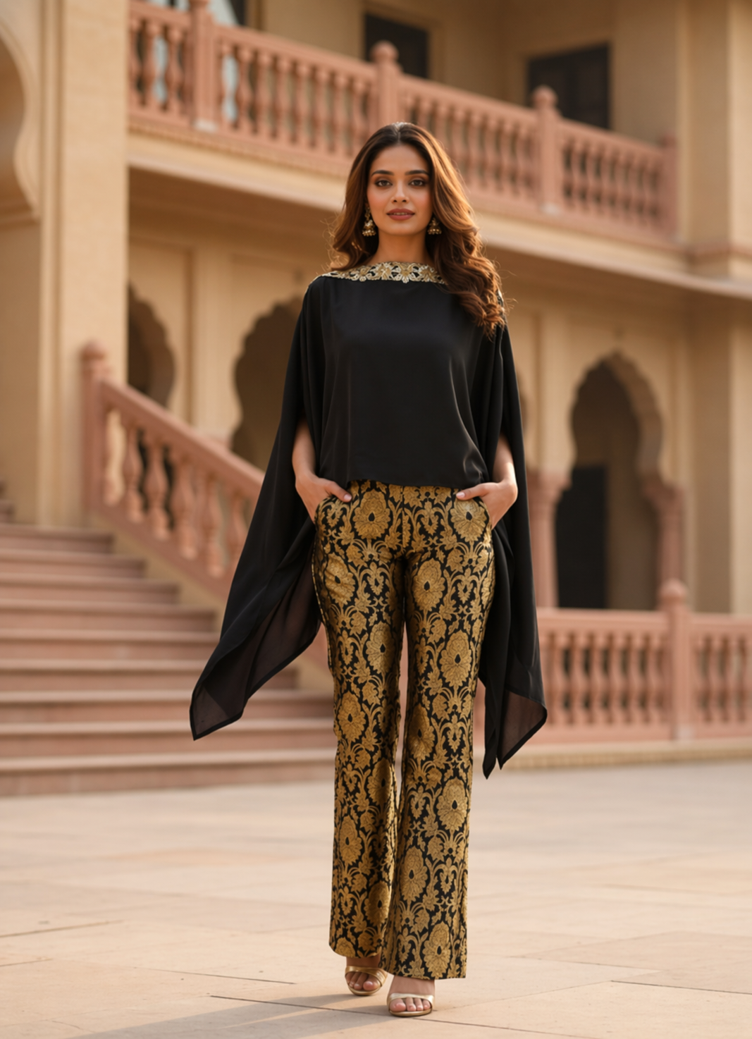 Black Cape Top & Gold Brocade Trouser Set