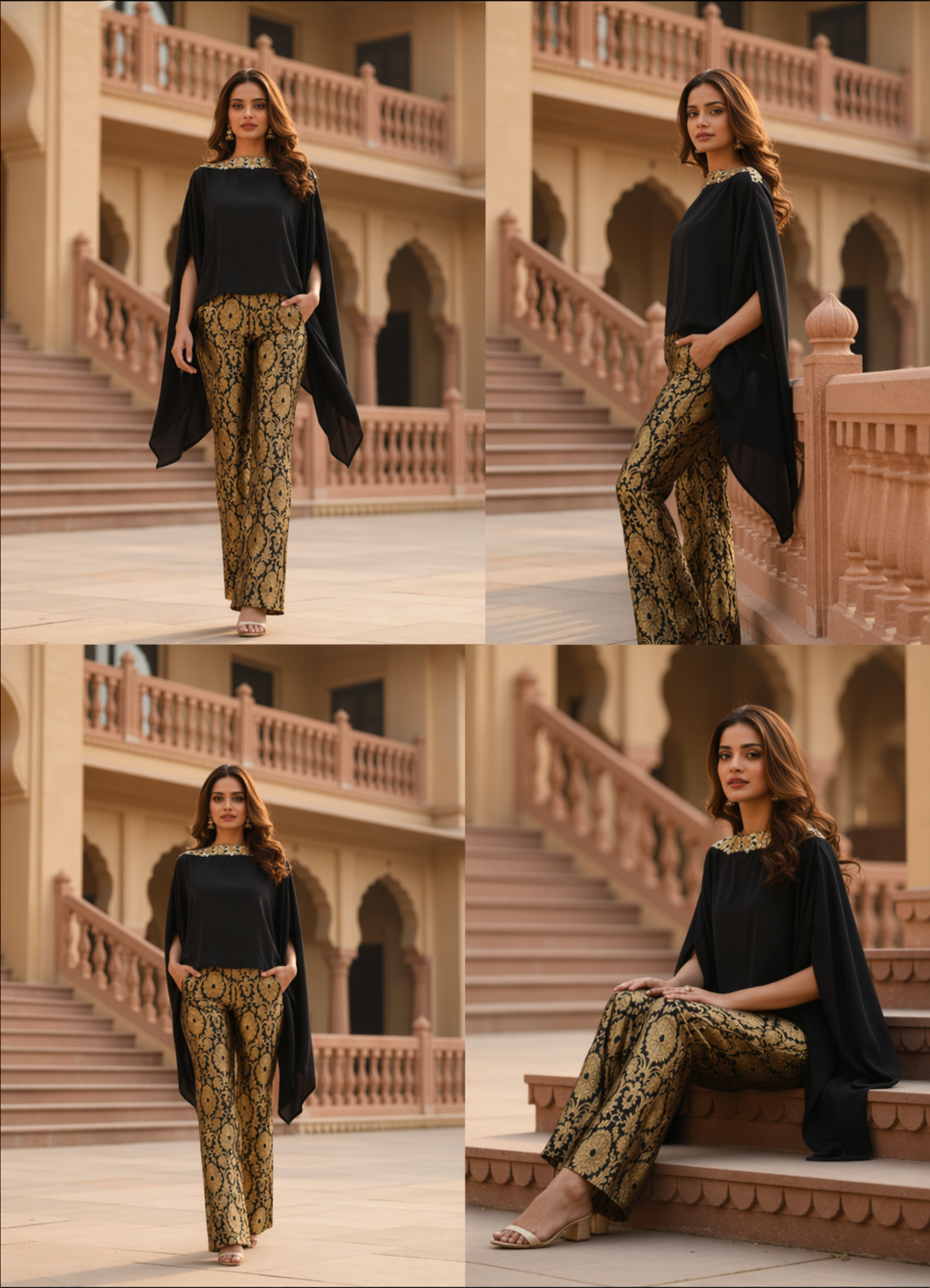 Black Cape Top & Gold Brocade Trouser Set for Western Wear online India